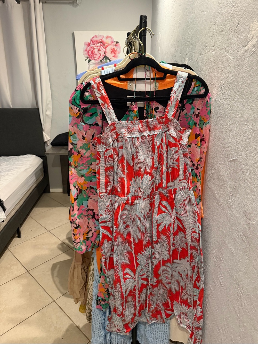 Talbots Red and White Tropical Print Sundress with Smocked Bodice